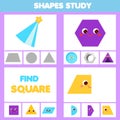 Children educational game. Learning cards set for kids and toddlers. Study geometric shapes