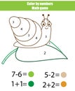 Children educational game. Mathematics actvity. Color by numbers, printable worksheet. Coloring page with snail Royalty Free Stock Photo