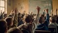 Children within an elementary school lesson raising their hands. Generative AI Royalty Free Stock Photo