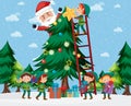 Children in elf costume and Santa Claus decorating Christmas tree Royalty Free Stock Photo