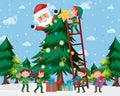 Children in elf costume and Santa Claus decorating Christmas tree Royalty Free Stock Photo