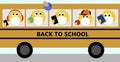 Children emoji wearing face masks on yellow school bus. Back to school text.