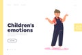 Children emotion concept of landing page with grumpy boy shrugging shoulders confused