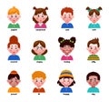 Children emotion expressions. Different faces. Angry or happy toddler head. Race diversity. Joyful girl. Sad boy. Young