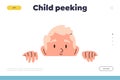 Children emotion landing page with naughty cheerful playful small boy child character peeking out