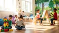 Children Engaged in Creative Play and Learning Activities in Bright Classroom Royalty Free Stock Photo