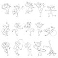 Children are engaged in different kinds of sports. Fitness. Dancing breakdance. Coloring book