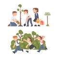 Children engaged gardening in school backyard set. Boys and girls planting trees and playing outdoors cartoon vector