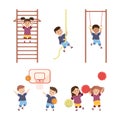 Children Engaged in Physical Education Doing Various Sports During Class at School Vector Illustration Set