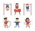 Children Engaged in Physical Education Doing Various Sports During Class at School Vector Illustration Set