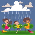 Children enjoy the rain, vector illustration. Cartoon characters, happy kids dancing and jumping in the rain. Cheerful