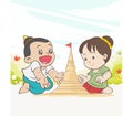 Children enjoying to the activity of building sand pagodas in Songkran Festival Thailand, Vector illustrao