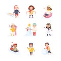 Children Enjoying Winter Fun Activities in Snow Sledging, Skiing, Building Snowman Vector Set