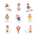 Children Enjoying Winter Fun Activities in Snow Sledging, Skiing, Ice Skating Vector Set