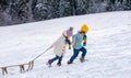 Children enjoying winter, playing with sleigh ride in the winter forest. Kids play with snow. Winter vacation concept Royalty Free Stock Photo