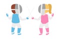 Children epee fencing lunge competition activity kid in pink and blue uniform with mask and weapon swordplay attack