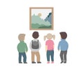 Children excursion in a museum, standing at picture and listening to guide. Vector illustration for art gallery