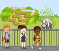 Children excursion to zoo vector illustration. Wild cute animal panda behind fence. Happy smiling visitors school kids