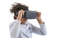 Children experiencing virtual reality video, game ,isolated on white . Surprised little boy looking in VR glasses. Royalty Free Stock Photo