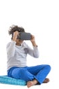 Children experiencing virtual reality video, game ,isolated on white . Surprised little boy looking in VR glasses. Royalty Free Stock Photo