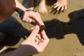 children explore a snail in a shell, a girl holds it in her arms, shadows from children on the sand