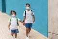 Children with face mask going back to school during coronavirus outbreak - Focus on boy face Royalty Free Stock Photo