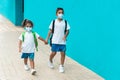 Children with face mask going back to school during coronavirus outbreak - Focus on kid`s face Royalty Free Stock Photo