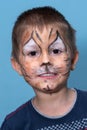 Children face painting. Boy painted as tiger or ferocious lion by make up artist. Preparing for theatrical performance. Boy actor Royalty Free Stock Photo