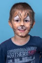 Children face painting. Boy painted as tiger or ferocious lion by make up artist. Preparing for theatrical performance. Boy actor Royalty Free Stock Photo