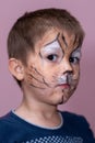 Children face painting. Boy painted as tiger or ferocious lion by make up artist. Preparing for theatrical performance. Boy actor Royalty Free Stock Photo