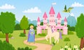 Children fairy tale vector illustration. Medieval pink castle with queen and fictional unicorn, flying dragon. Royal Royalty Free Stock Photo