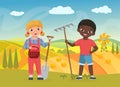 Children farmers with work tools, funny boy girl workers holding shovel and pitchfork Royalty Free Stock Photo