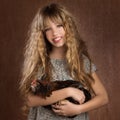 Children fashion farmer girl holding hen retro vintage