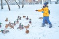 Children feed ducks in winter