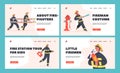 Children Fire Fighters Landing Page Template Set. Kids Characters in Uniform Holding Ladder, First Aid Kit, Extinguisher