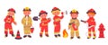 Children fireman profession flat icon. Firefighter gear and equipment. Special uniform, shovel, fire extinguisher Royalty Free Stock Photo