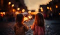 Children with fireworks stick. Holiday dynamic postcard. Happy children holding a lighted fireworks on a blurred background of a