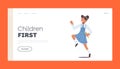 Children First Landing Page Template. Youth, Happiness and Freedom. Little Pupil Girl Playing and Jumping, School Child