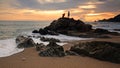 Children fishing at beach during sunset