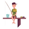 Children fishing icon. Boy child holding fishing rod. Fisherman, fish catch cartoon. Cartoon boy catching fish. Flat