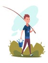 Children fishing icon. Guy coming from successful fishing trip. Fisherman, fish catch cartoon. Cartoon boy catching fish