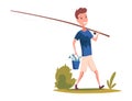 Children fishing icon. Guy coming from successful fishing trip. Fisherman, fish catch cartoon. Cartoon boy catching fish