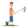 Children fishing icon. Happy boy child holding fish on fishing net. Fisherman with fish catch cartoon. Cartoon boy