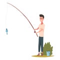 Children fishing icon. Happy boy child holding fish on fishing rod hook. Fisherman with fish catch cartoon. Cartoon boy