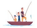 Children fishing icon. Happy boy child holding fish on fishing rod hook. Fisherman with fish catch cartoon. Family