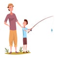 Children fishing icon. Happy boy child holding fish on fishing rod hook. Fisherman with fish catch cartoon. Family