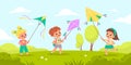 Children fly kites. Kids launching air toys in nature, outdoor games and hobbies, friends play together in summer park