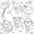 Children flying kites. Vector black and white coloring page.