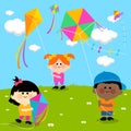 Children flying kites in the sky. Vector illustration