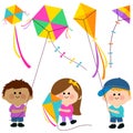 Children flying kites in the sky. Vector illustration